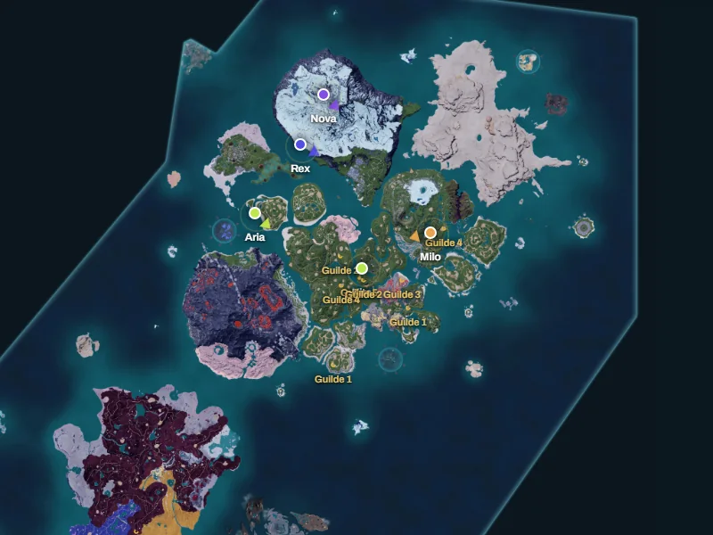 Les bases de guilde et les joueurs sur la carte de Palpagos