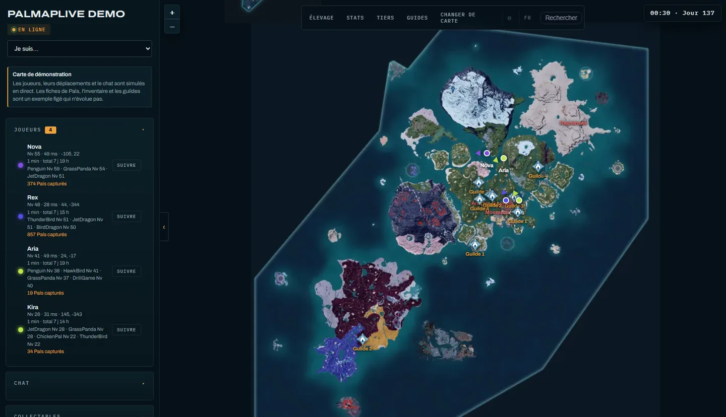 La live map PalMapLive : joueurs en direct, bases de guilde et chat sur la carte de Palpagos